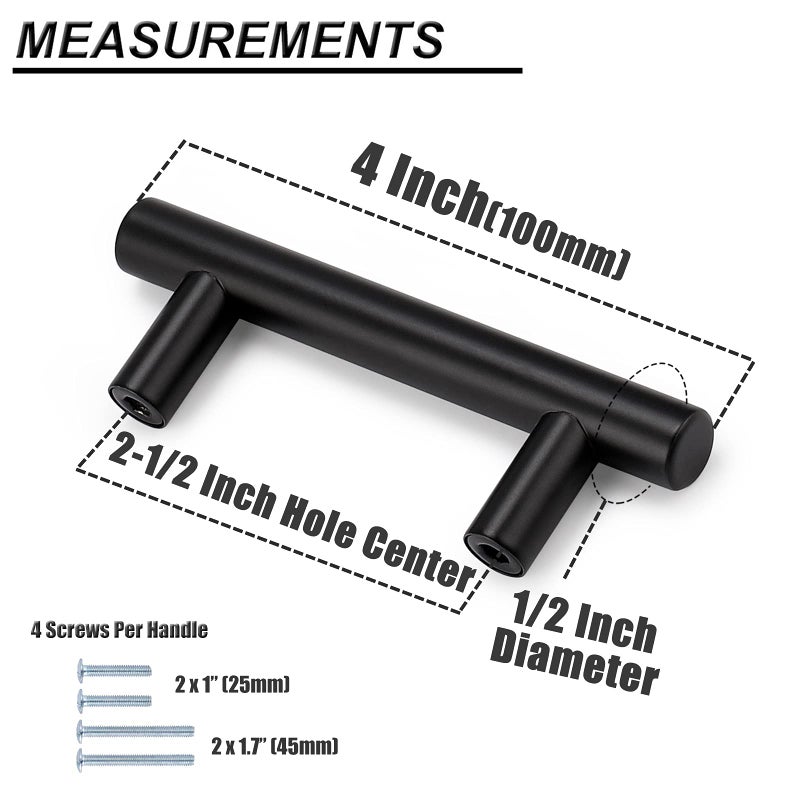 Probrico 30 Pack| 4 Inch Black Cabinet Handles with 2-1/2 Inch Hole Center Stainless Steel Cabinet Pulls Round T Bar Kitchen Cabinet Hardware Door Handles  Drawer Dresser Pulls 64mm Hole Centers - Image 4